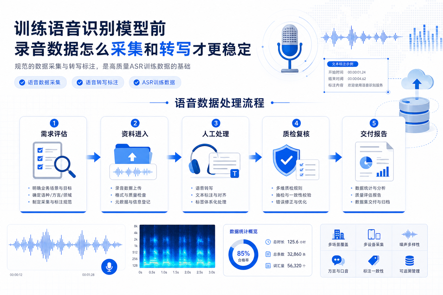 训练语音识别模型前,录音数据怎么采集和转写才更稳定的业务流程示意图