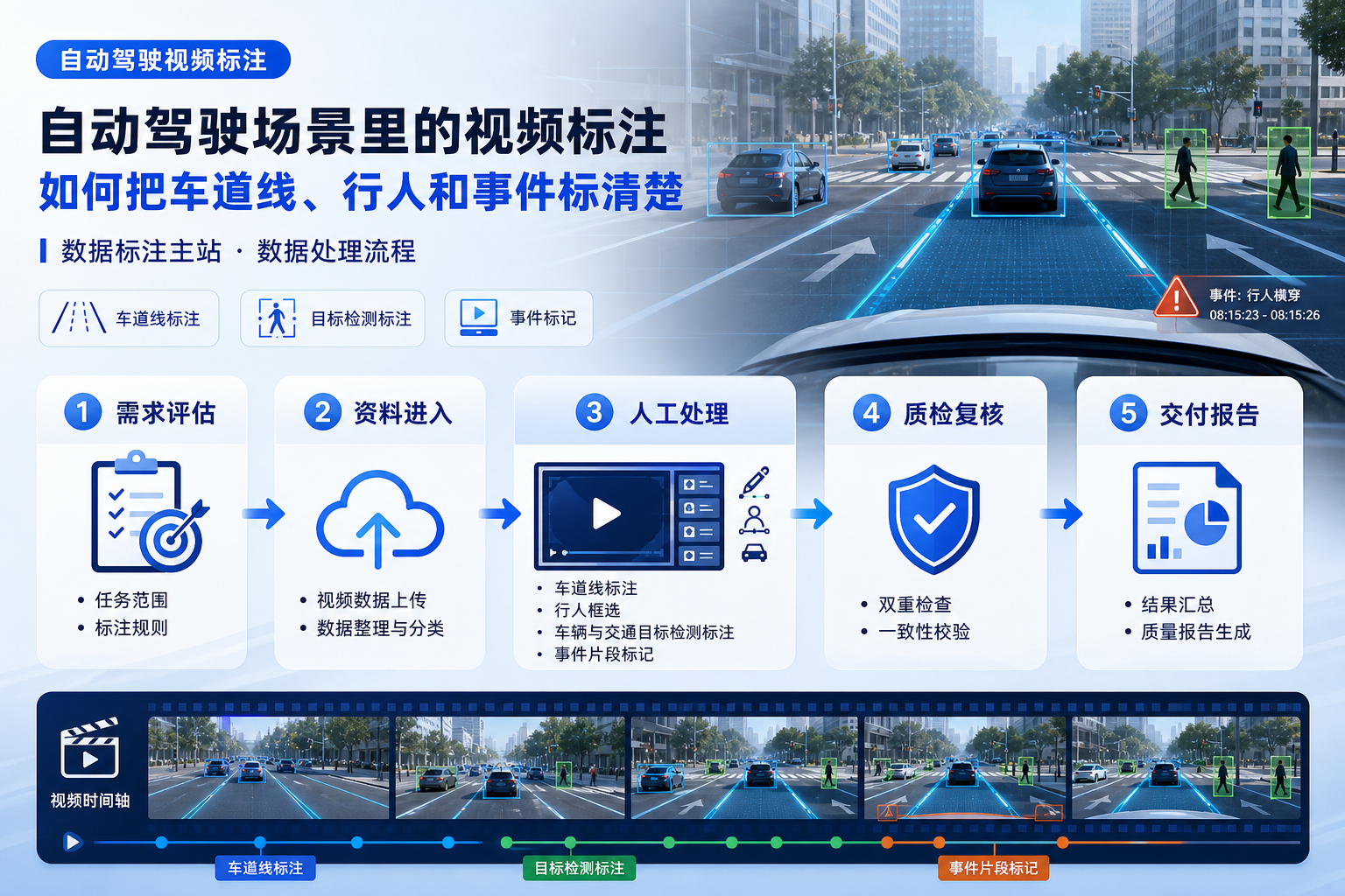 自动驾驶场景里的视频标注,怎么把车道线、行人和事件标清楚的业务流程示意图